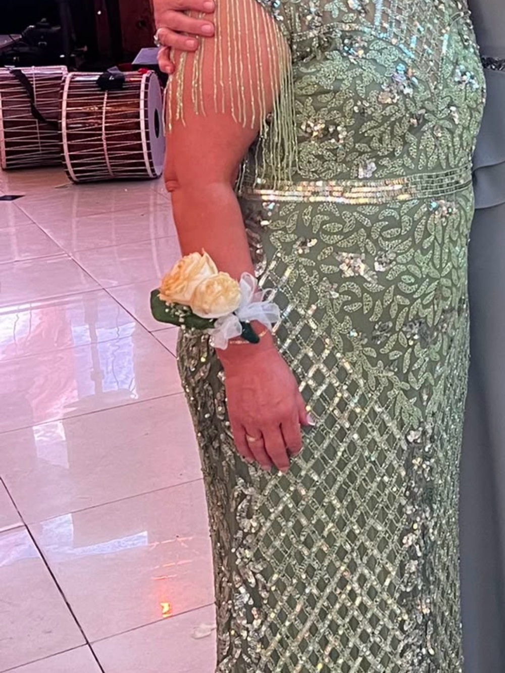 Mac Duggal Sage Green Sequined Maxi Dress with Fringe Sleeves